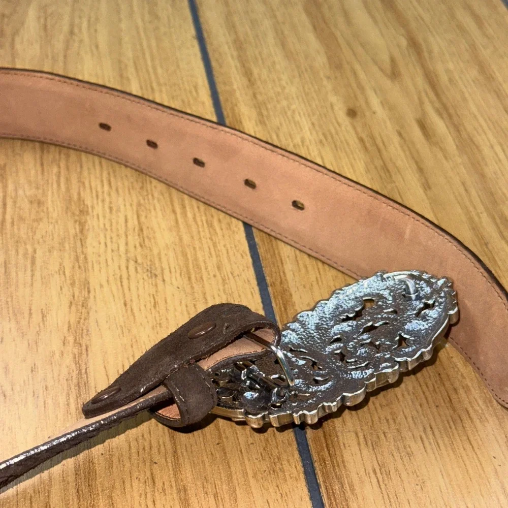 Justin Womens Brown Leather Western Belt Rhinestone Filigree Buckle USA 30